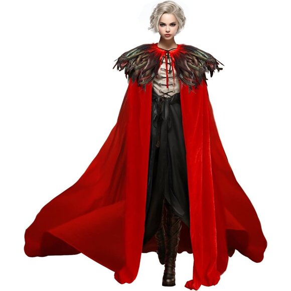 Women Classic Witch Costume and Natural Feather Cape Halloween Witchy Cloak - Picture 1 of 7